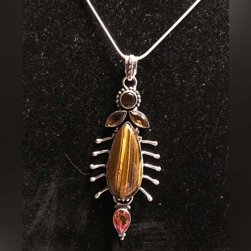 Tiger Eye Smoke Topaz Garnet Stamped 925 Sterling Silver Necklace